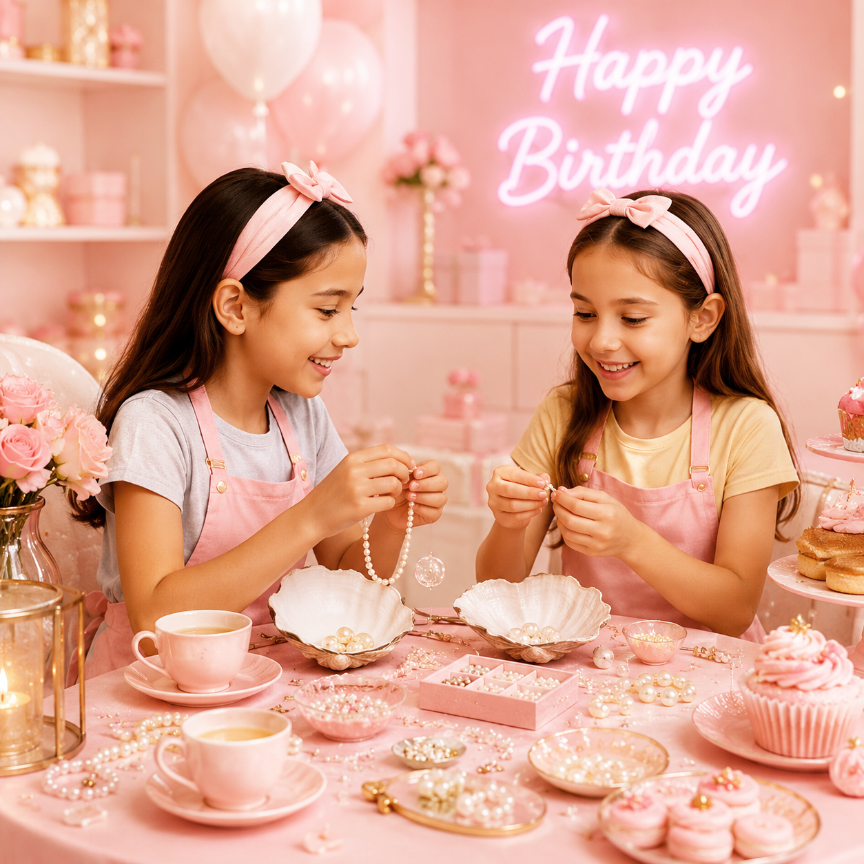 Two smiling girls in pink aprons making pearl jewelry at a pink birthday tea party with a Happy Birthday sign, cupcakes, and roses